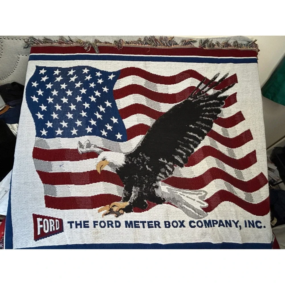 Vintage Ford‎ Meter Box Company Eagle American Flag Woven Tapestry Throw Blanket